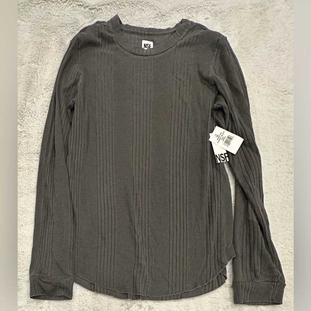 NSF pigment black long sleeve curved hem ribbed shirt size large NWT